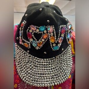 Embellished LOVE Black Cap with Multicolor Gems